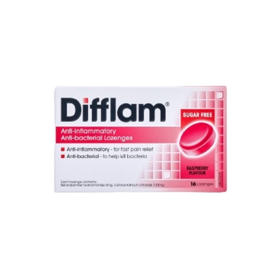 Picture of Difflam Anti-bacterial Lozenges Raspberry 16s